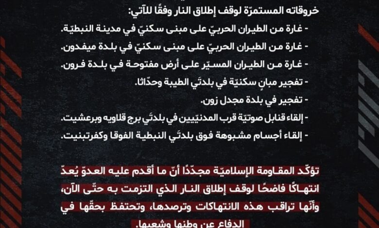 لبنان | المقاومة الإسلامية: نراقب الانتهاكات الإسرائيلية ونحتفظ بحقنا في الدفاع عن النفس